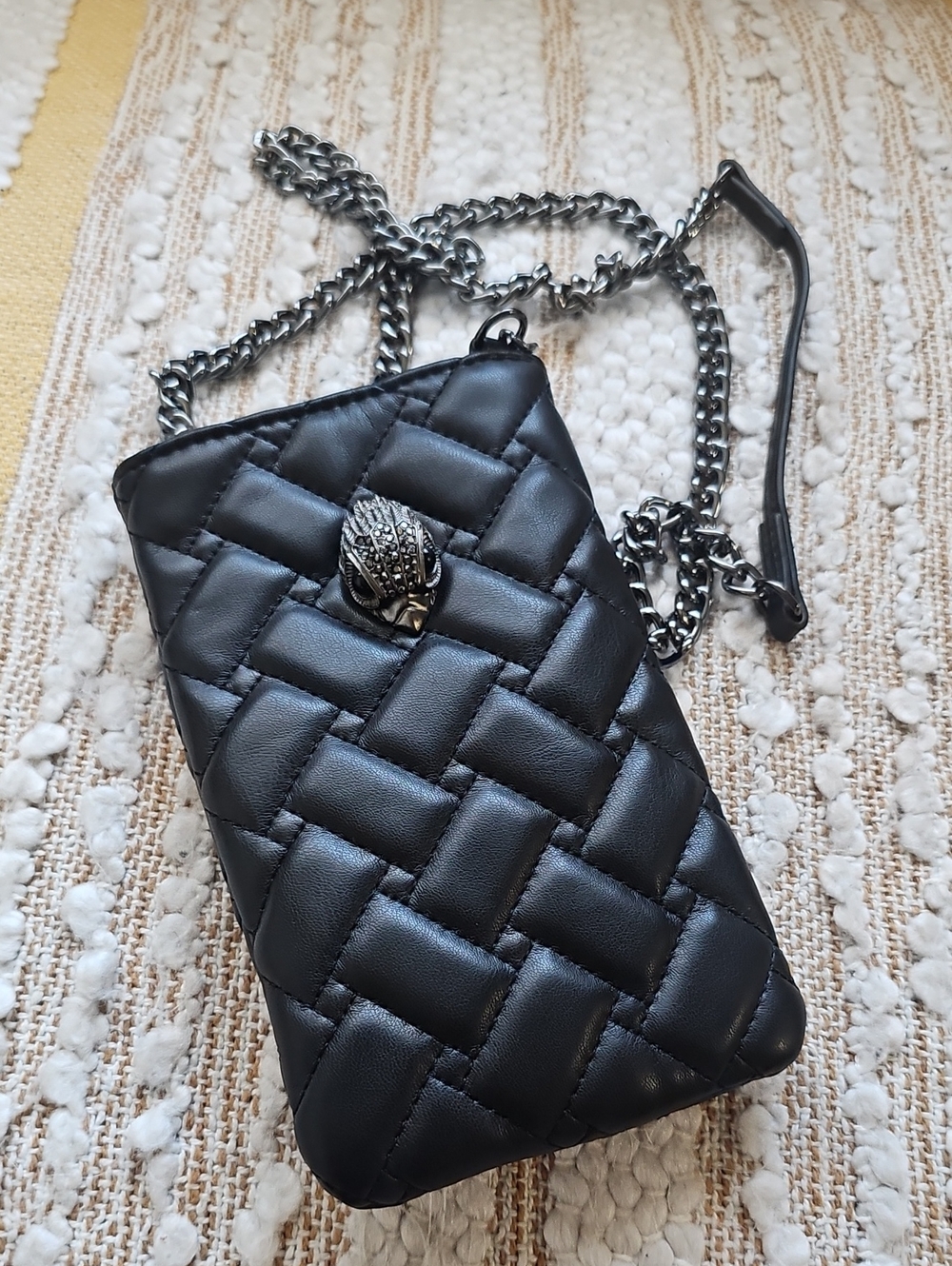Black Quilted Crossbody Phone Bag with Studded Eagle Detail